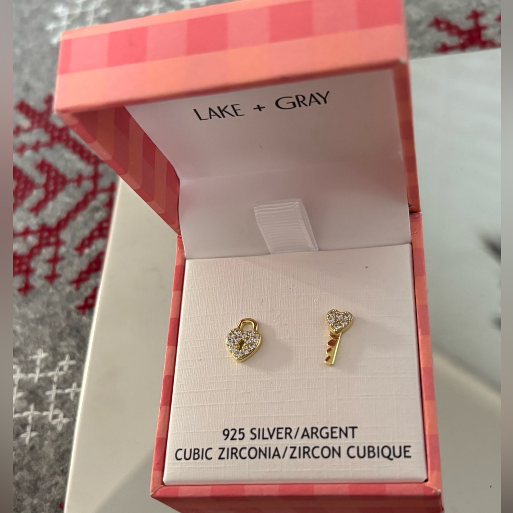 Lake + Gray Heart Lock And Key Earring Set - Nib